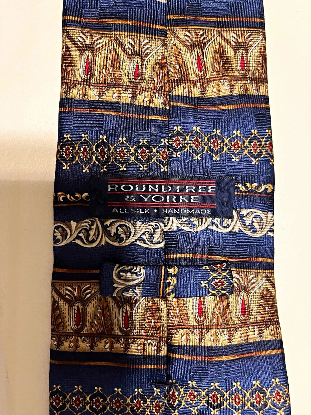 Roundtree & Yorke Handmade Silk Tie lot of two lite and navy blue stripe /geo